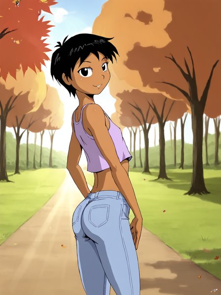 score_9, score_8_up, score_7_up,  score_6_up, BREAK, N1nj4M4i, 1girl, solo, short hair, black hair, dark-skinned female, flat chest, crop top, jeans, looking at viewer, smile, standing, outdoors, day, looking back, from side, tree, leaf, sunlight, nature, forest, light rays, road, autumn leaves, maple leaf, sunbeam, dappled sunlight, autumn, falling leaves,      <lora:Ninja_Girl_Mai-000008:0.8>