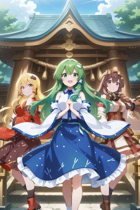 3girls, dynamic pose, outdoors, light particles, looking at viewer, moriya shrine, alongside, side by side, light smile, BREAK
absurdres, highres, masterpiece, best quality, amazing quality, official anime artwork, screencap, anime screencap, <lora:Sanae-Kochiya_IllustriousV2:1>  BREAK
kochiya sanae, 1girl, solo, yellow eyes, blonde hair, long hair,, black frog hair ornament, red snake hair ornament, kochiya sanae \(human-deity duality\), alternate costume, alternate hair color, alternate eye color, red shirt, collared shirt, detached sleeves, wide sleeves, black skirt,
BREAK
kochiya sanae, 1girl, solo, green eyes, green hair, long hair,, frog hair ornament, hair tubes, snake hair ornament, collared shirt, white shirt, detached sleeves, wide sleeves, blue skirt, frilled skirt, open mouth, 
BREAK
kochiya sanae, 1girl, solo, brown eyes, brown hair, long hair,, brown frog ornament, brown snake ornament, kochiya sanae \(legacy of steel and steam\), alternate costume, alternate eye color, alternate hair color, goggles on head, brown goggles, gas mask, bare shoulders, sleveless top, white top, frilled sleeves, detached sleeves, wide sleeves, white sleeves, black gloves, fingerless gloves, holster, ammunition belt, white skirt, frilled skirt,