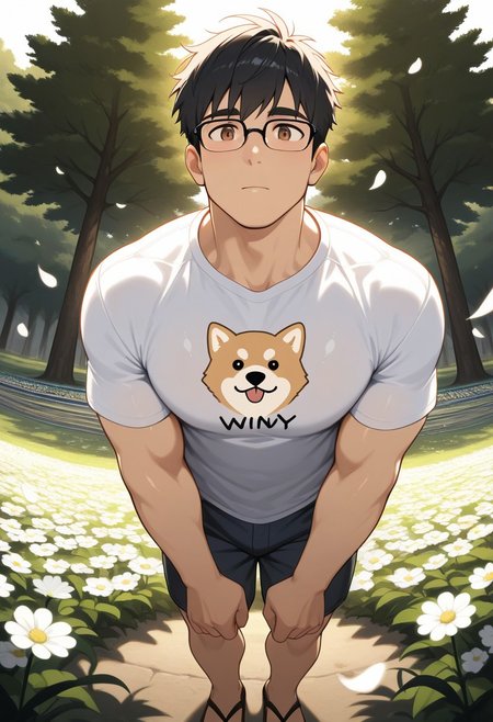 masterpiece, best quality, amazing quality, good quality, very awa, newest, highres, absurdres, warm light, lively and bustling atmosphere, background details visible, shiny skin, outdoor, flower field, tree, solo, stage, male focus,
1boy, ettaphyl, bara, short hair, black hair, brown eyes, glasses, t-shirt, dog print, shorts, wooden sandals,
dynamic pose, relaxing, fisheye, windy, (flying petal:1.5),