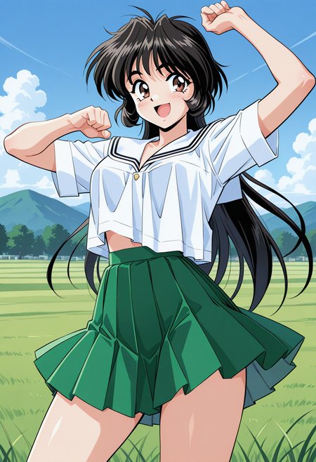 inuzuka_saori, brown eyes, black hair, long hair, school uniform, serafuku, white shirt, short sleeves, white sailor collar, pleated skirt, green skirt, <lora:Graduation_inuzuka_saori_illustrious_ver1:0.8> 
smile, open mouth,, masterpiece, best quality, very aesthetic, absurdres, general,, 1girl, solo, blue sky, (grasslands:1.2), looking at viewer,, (cowboy shot, dynamic pose:1.4),