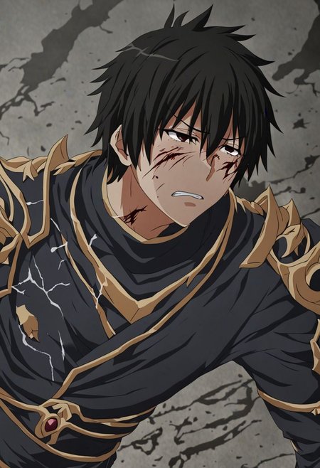 high resolution, solo, best quality, 1Boy, Kanie Seiya, Black Hair, fell down, revenged, conquered, dying, battered, bruised, OverallDetail