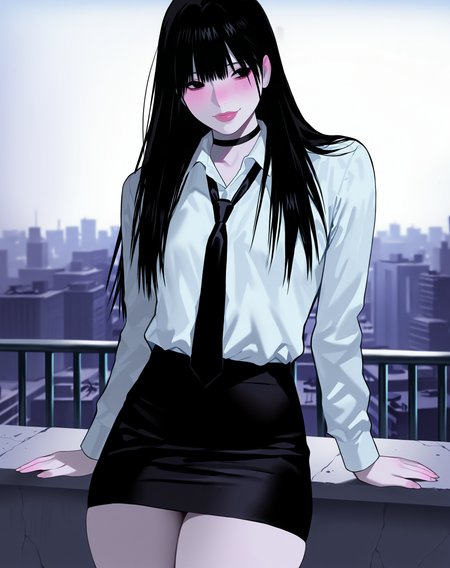 masterpiece, best quality, newest, absurdres, highres, dark, cinematic lighting,
standing, thick thighs, small breasts, city, rooftop, day,
one girl, 1girl, solo, black eyes, black hair, long hair, straight hair, thick lips, choker, pale skin,
office lady, white shirt, black tie, black pencil skirt,
light smile, blush, nose blush,
dynamic pose, <lora:Lunas-Gyuing666-IllustriousXL-EXP1:1>