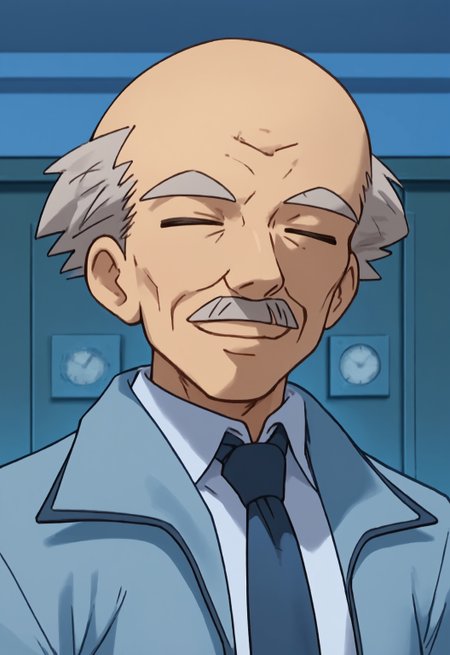 safe_pos, safe_pos, score_9, score_8_up, score_7_up, rating_nsfw, ultra hd, absurdres, solo, 1boy, masterpiece, best quality, best aesthetic, Expressiveh, wolfconf,

PokemonBenjamin, bald with grey hair, mustache, closed eyes, blue necktie, light blue shirt with jacket, lab, (portrait), headshot, smiling, facing viewer, hd