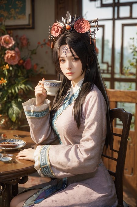 score_9, score_8_up, score_7_up, sit on the chair with table, hand hold cup of tea,<lora:Yu_Meiren_Dynasty_Warriors:0.7> 1girl, solo, black hair, long hair, hair ornament, hair flower, brown eyes, chinese clothes, long sleeves, looking at viewer
