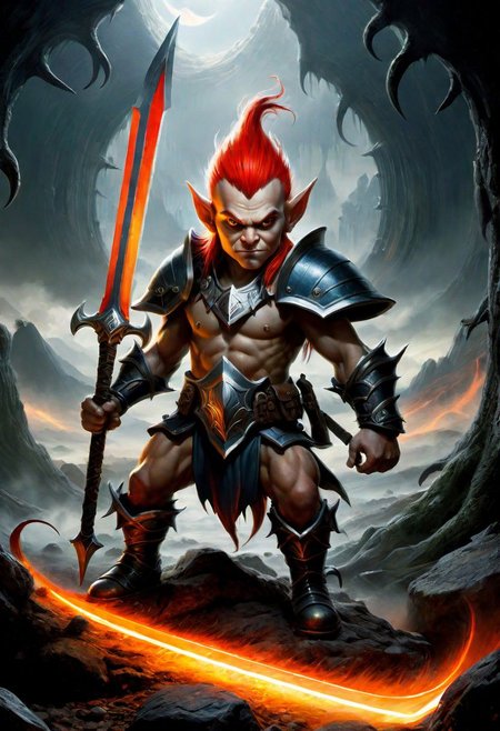 (((from Pathfinder RPG universe))) This photo shows a slender 45-year-old male Gnome ranger realistically. The photo was taken 
He sports a multicolour (tricolour)  red, black, and silver hair in an undershaved mohawk. Highly detailed hairs. Enormous glowing alien amber, chromatic eyes. Cold smile. Pointy, elven ears. 
He is wearing a rangers outfit.
He is wielding a magical sword.
Backdrop of a foreboding scene of battle. On the ground, dozens of slayed goblins with blood and guts. Magical realism, grim fantasy, Symmetrical, studio 3d lighting, visible face, looking into camera, make realistic, Tentacles. Artistic style of Boris Vallejo and Julie Bell. Photo by Hasselblad Helios 44-2 58 mm by Annie Leibovitz.