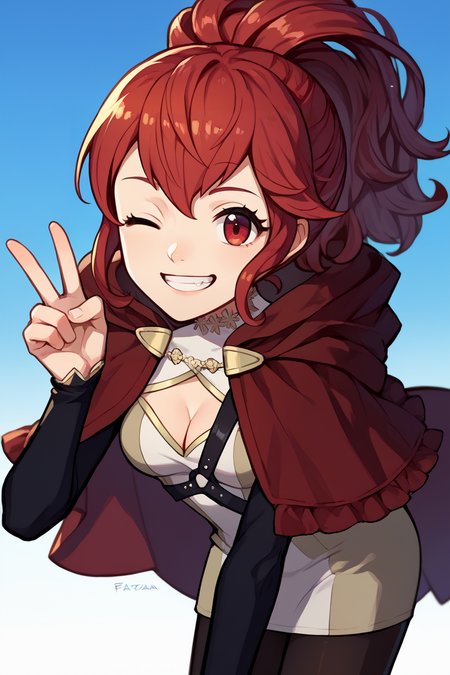 score_9, score_8_up, score_7_up, score_6_up, source_anime BREAK 1girl, solo, <lora:feanna-pdxl-nvwls-v1-000005:1> fatesanna, red hair, ponytail, maroon cloak, white dress, cleavage, harness, pantyhose, leaning forward, grin, wink, peace sign, blue sky