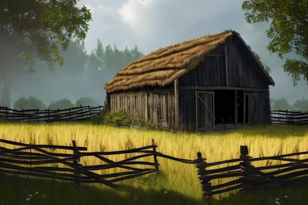 RAW photo, (masterpiece:1.3), subsurface scattering, heavy shadow, (high quality:1.4), (intricate, high detail:1.2), professional photography, HDR, High Dynamic Range, realistic, ultra realistic, photorealistic, high resolution, film photography, ambient lighting, atmospheric effects, <lora:detail_slider_v4:2>, OverallDetail,  cabin, fields, barn, fence, fantfa, <lora:FantasyFarm:1>