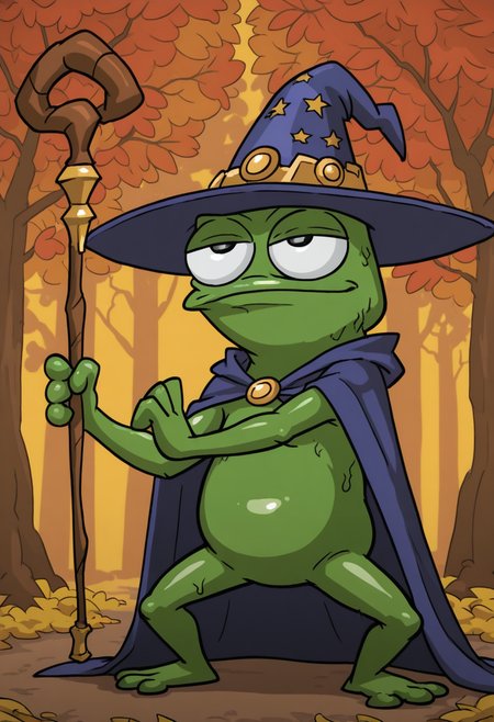b4tm3t41style,   masterpiece, best quality, solo,                                                                                                                                             pepe the frog,  autumn tree background, battle pose,   (detailed body), big eyes, shiny skin, green skin, wizard hat, wizard outfit, holding magical wizard staff,