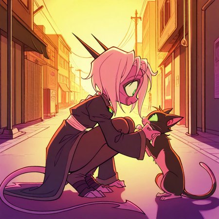 score_9, score_8_up, score_7_up,namah_calah,
1girl,solo,furry,tail, source_furry,horns,masterpiece, 
 ,<lora:namah_calah_illustrious:0.8>,
kid, child, 
solo, cat, kitten, holding_animal, gentle_smile, crouching, concerned_expression, outdoors, street, warm_lighting, sunset, detailed_background, adorable