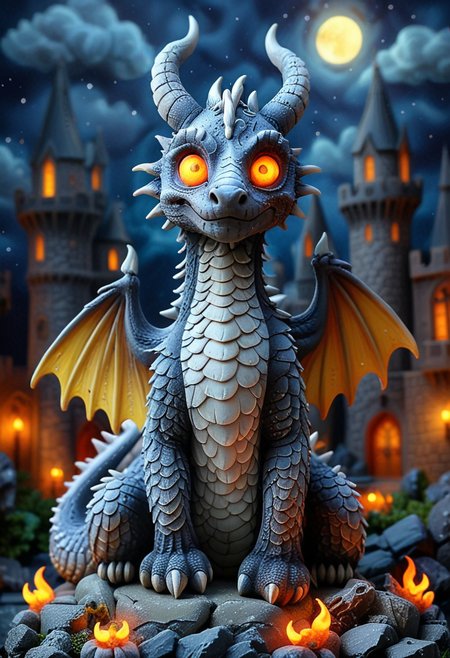 (medium full shot) of (noble dragon) with yellow eyes, four-legged, pearl white scales, spiked scales, flame-tipped wings, glowing horns, gemstone-studded arms, set in  a dark enchanted castle, featuring shadowy halls, mysterious whispers, an ominous ambiance , under the moonlight,  Masterpiece,best quality, very aesthetic