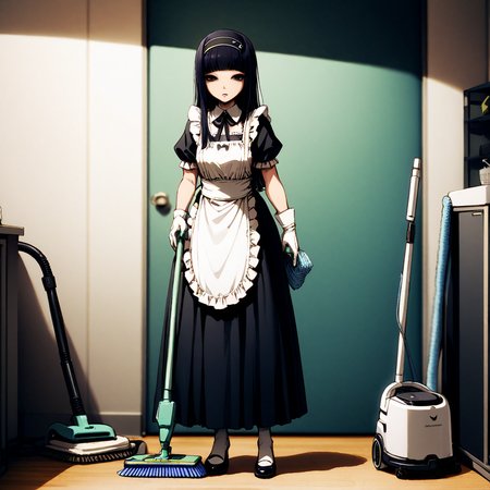masterpiece, best quality, very aesthetic, yuriko, long hair, black hair, blunt bangs, gloves, black eyes, hairband, maid outfit, cleaning room with vacumn cleaner, holding vacumn cleaner, full body