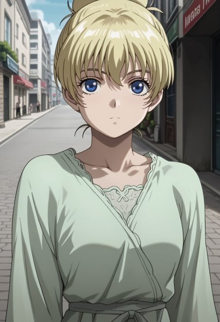 score_9, score_8_up, score_7_up, source_anime,masterpiece,best quality,highres,absurdres,official art,official style,source_anime,anime screencap,anime coloring,megami magazine,anime,animated,zPDXL2,skin highlights, (1girl,solo), Patty_Lowell, blonde hair, blue eyes, short hair, hair bun, single hair bun, :o, green dress, street,
