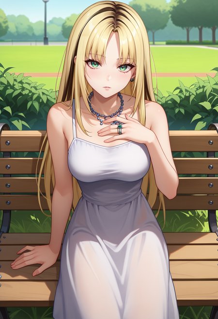 score_9, score_8_up, score_7_up, anime screencap, source_anime, 1girl, solo,
<lora:Koganei_Niko_Hololive_V1:.85>, KJOniko, blonde hair, green eyes, streaked hair, long hair, parted bangs, 
sundress, bare shoulders, 
sitting on bench, looking at viewer, expressionless, parted lips, looking at viewer, hand on chest, head tilt,
park, grass, trees, daytime,
(Beautiful, medium Breasts:1.2), mature female,