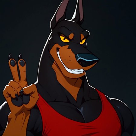 score_9, score_8_up, score_7_up, Expressiveh, masterpiece, best quality, highly detailed, realistic,  1boy, solo, (RoscoeOAC, furry, anthro, canine, doberman, black nose, yellow sclera, black eyes, black body, black fur, brown body, brown fur, two tone body, two tone fur, muscular male), ((red tank top, clothed)), upper body, close-up, (((black background, simple background))), smile, looking at viewer, front view, standing, closed mouth, ((peace sign, 4 fingers)), claws, black paw pads, teeth, (ultra realistic, 32k, masterpiece:1.2), (high detailed skin:1.1), (high quality:1.1)