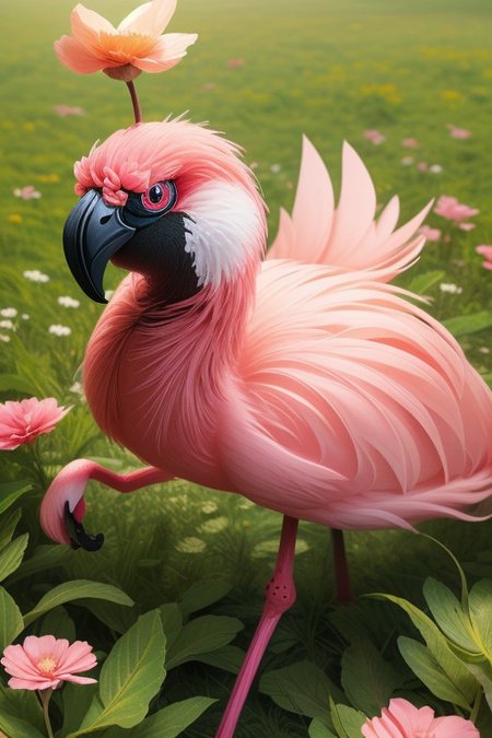 (ultra high res:1.4), (masterpiece), (beautiful lighting:1.4) , An adorable ladybug flamingo hybrid creature with  flower petal-like feathers in a field of pink and red flowers, hyperrealistic