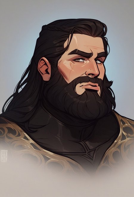 score_9, score_8_up, score_8, score_7_up, score_7, score_6_up, score_6, score_5_up, Score_5, rotund nobleman, black hair, (long beard, full beard, big bushy beard:1.6), eyes, vox machine style, 1boy, , male focus, solo, portrait, upper body, defined jawline, portrait, intense expression, scowl, fancy robes, fat nobleman, fantasy, (dynamic lighting:1.1)
((masterpiece))