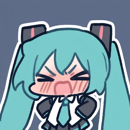 by: Miratsu 169 (masterpiece,best quality,absurdres:1.2), vibrant,highly detailed, 
hatsune miku, chibi, big head, angry, aqua hair, long sleeves, twintails, hair ornament, aqua necktie, cowboy shot,closed eyes, open mouth, full-face blush, 
<lora:miratsu_noob:1>, simple background,