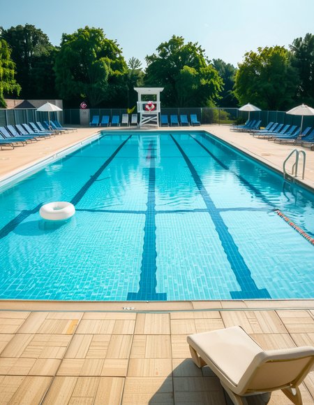 A large public swimming pool on a sunny day, completely empty of people. The clear blue water is still, reflecting the bright sky. Sunlight creates shimmering patterns on the tiled pool floor. The pool deck is lined with neatly arranged lounge chairs and colorful umbrellas. A lifeguard chair stands vacant at the poolside. Surrounding the area, lush green trees and well-maintained landscaping add a sense of tranquility. The atmosphere is calm and serene, with no movement except for the gentle ripples in the water.
<lora:SDXLFaeTastic2400:0.4> <lora:extremely_detailed:0.4> extremely detailed, <lora:public_swimming_p00l:1>,public swimming p00l, Masterpiece,best quality,hi res,8k,hi res,8k,award winning,(sharp focus, intricate, highly detailed),