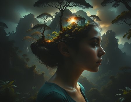 Dreamscape 
 <lora:bubble_watercolours_LCM:0.8>Dubrec styleï¼Girl head portraitï¼Jungle mountains image foregroundï¼ï¼multiple exposureï¼1.8ï¼ï¼Complex illustrations in surrealist art styleï¼Surreal dreams  <lora:ral-exposure:0.8> ral-exposure
 . Surreal, ethereal, dreamy, mysterious, fantasy, highly detailed