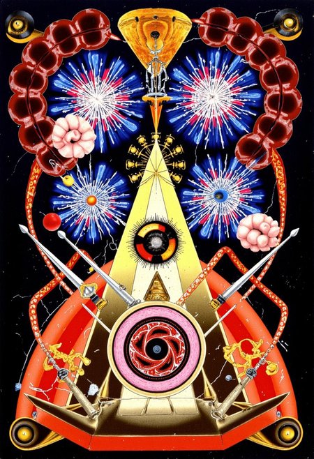 Slot machine graphics from front view . Disturbing scenes of addiction, people injecting drugs heroin, white powder, drinking alcohol smoking cigarettes. very strange surrealist style with holographic vortex featuring swirls of holotropic colour and glowing eyes wet distorted factory shot. On the television sets are glowing hands, with electricity coming off the finger tips. swirling around her head are holograms of  glyphs chaos magick symbols. the room has thick electricity cables and smoke is coming off them. large wet glistening slices of wet soggy ham and hot dogs are floating in the air, dripping gooey sauce combining mustard and blood, there are multiple wet hotdogs floating. on the wall in the background are photos of nuclear explosions
