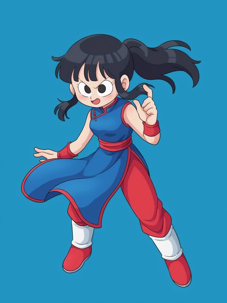 score_9, score_8_up, score_7_up, source_anime, BREAK
1girl, solo,  <lora:Miwako:1> round head, round face, <lora:chichi_pony_v1:0.6> chi-chi, long hair, bangs, black hair, ponytail, sidelocks, blunt bangs, black eyes, blue dress, red pants, sleeveless dress, chinese clothes, red wristband, china dress, red sash, white leg warmers, shoes,