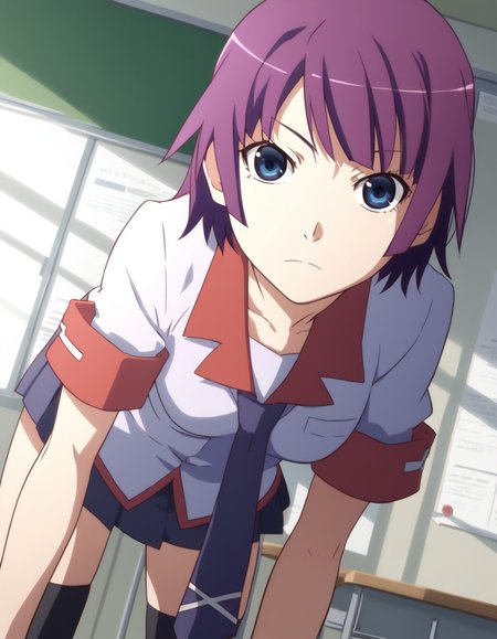 score_9, score_8_up, score_7_up, source_anime,
hitagisenjougahara, <lora:hitagi-senjougahara-anime-ponyxl-lora-nochekaiser:1>,
senjougahara hitagi, bangs, short hair, blue eyes, purple hair,
skirt, thighhighs, school uniform, necktie, black thighhighs, zettai ryouiki, naoetsu high school uniform,
indoors, classroom, bent over,
looking at viewer, cowboy shot, dutch angle,