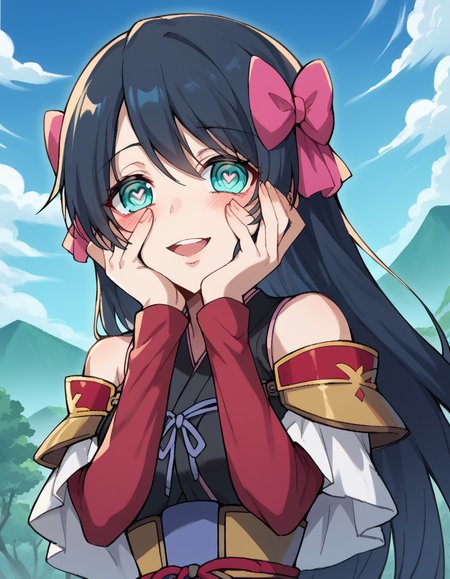 score_9, score_8_up, score_7_up, source_anime, <lora:nagahide-niwa-s1-ponyxl-lora-nochekaiser:1>, nagahide niwa, long hair, blue eyes, black hair, hair bow, aqua eyes, medium breasts, japanese clothes, armor, japanese armor, bare shoulders, shoulder armor, detached sleeves,, floating island, sky, clouds, greenery, magical, , <lora:yandere-trance-ponyxl-lora-nochekaiser:1>, yandere trance, yandere, hands on own cheeks, hands on own face, crazy eyes, crazy smile, crazy, heart-shaped pupils, glowing eyes, symbol-shaped pupils, hand on own face, open mouth, glowing, blush, looking at viewer,, looking at viewer, solo,, dutch angle, cowboy shot