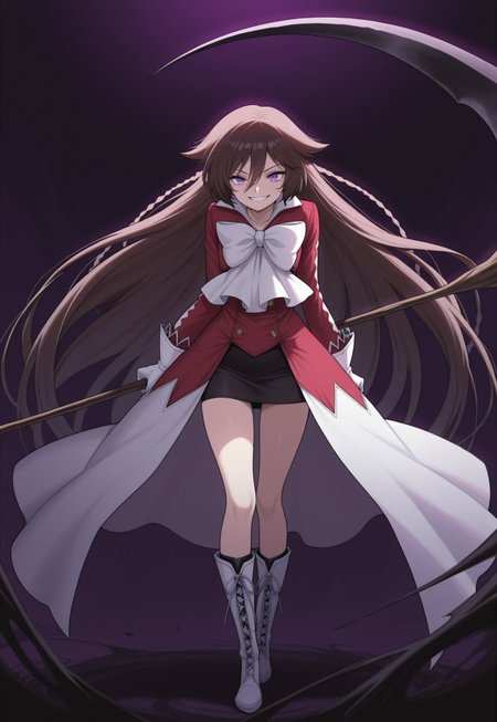 masterpiece,best quality,amazing quality, source_anime, 

PHalic, 1girl, solo, purple eyes, brown hair, very long hair, braid, dress, red dress, bow, white bow, gloves, white gloves, skirt, black skirt, boots, white footwear, cross-laced footwear, grin, standing, darkness, holding scythe,