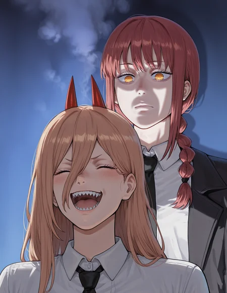 undertakermeme, 2girls, power \(chainsaw man\), makima \(chainsaw man\), glowing, dark background, smoke,  <lora:Undertaker_Appearing_Behind__Meme_Pose_Concept__IllustriousXL_and_NoobAI:1.3>, <lora:Jay_Marveloroboro_Shaded_ANIME_Style:1>, shaded_anime
2girls,power \(chainsaw man\), horns,open mouth, smile, teeth, closed eyes, shark teeth,
2girls, serious, open eyes, looking down, makima \(chainsaw man\), sysdeep_makima, red hair,