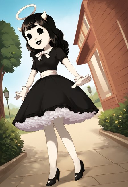 (Masterpiece, best quality:1.2), score_9, score_8_up, flat color, flat shading, soft shading, lighting, Alice Angel in a 1950's dress with a button down top, a fluffy frilly ruffled full petticoat, and high heels, dress, layered petticoat, frilly petticoat, fluffy petticoat, full petticoat, wide dress, flowing dress, long skirt, solid colored skirt, short sleeves, black hair, Bendy and The Ink Machine, series accurate, cute, best high quality, high res, black lips, white colored skin, whole body shot, 1girl, solo, outside, standing straight, in a garden, cute, adorable, smile, low angle shot, cartoon, cartoon style, vector, solo, circle dress, 1950s, alice angel