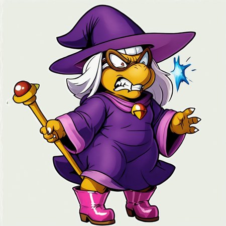 female,
<cartoon:1.5>,
<2d:1.5>,
kammy_koopa, granny_koopa, transparent background, solo, hat, witch hat,purple hat, purple robe, purple headwear, full body, white hair,  witch hat, holding, 1girl, wide sleeves, staff,boots,
<lora:Kammy_Koopa_Paper_Mario_Pony_SDXL:1> kammy_koopa <lora:90s4n1m3XLP:1> 90s4n1m3, angry,
teeth,
clenched teeth,
pop vein,