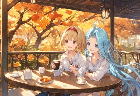 score_9, score_8_up, score_7_up,score_6_up, source_anime, best quality, aesthetic, absurdres, extremely detailed, kyoani, kyoto animation,
2girls, yuri, (happy smile:1.1), outdoors, autumn, cafe, balcony, table, coffee cup,  
lyria \(granblue fantasy\), very long hair, blue hair, ahoge, blue eyes, (body_slim, skinny:1.2), small breasts, 
BREAK
djeeta \(granblue fantasy\), blonde hair, short hair, hairband, brown eyes, (medium breasts:0.7),
<lora:JitaRuri-Pony:0.7> jitaruri, clear eyes,