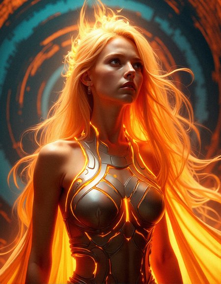  a SFW close-up portrait of a mythical fire goddess, her body glowing with intense orange, fiery hot hair and yellow flames that blend seamlessly into a swirling, hypnotic backdrop of concentric colors. She is wearing A metallic chest plate that appears to be white-hot, with molten edges and glowing lines that mimic the flow of lava.  A long cape that appears to be woven from pure flame, with translucent orange and yellow threads that flicker and glow. Gazing upward with a fierce expression, her hair flames rising like a fiery crown, framing her intense eyes.
 Her eyes are deep and intense, mirroring the powerful warmth and energy she exudes. The background pulsates with vivid patterns of blue, red, and yellow, giving the impression that she is both part of and feeding from this energetic vortex. The lighting casts intricate shadows that enhance the contours of her face, her skin appearing to shimmer with an almost liquid quality as the flames flicker and move. The atmosphere is surreal and mystical, evoking a sense of otherworldly power and ancient elemental force.

