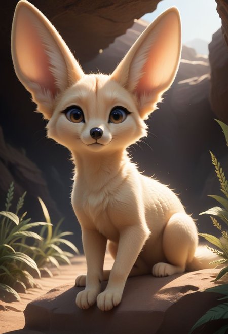 score_9, score_8_up, score_7_up, score_6_up, score_5_up, score_4_up, Fennec fox,beautiful expressive cute  face, desert, small cave rock,extremely detailed, beautiful desert cute Fennec fox creature, no humans, extremely detailed scales,  seaweed mane, beautiful eyes, sunlight, realistic, high quality, detailed, small cave rock, shadows, glowing, bright colors, high contrast,  vivid lighting,