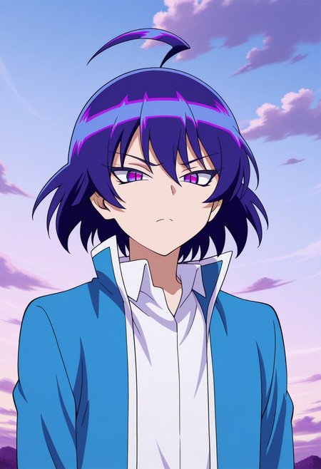masterpiece,best quality,amazing quality, source_anime,
IrumaSuzuki, 1boy, male focus, solo, evil form, purple eyes, gradient eyes, multicolored hair, blue hair, purple hair, ahoge, hair between eyes, school uniform, shirt, white shirt, collared shirt, jacket, blue jacket, open jacket,
outdoor, sky, day, clouds,