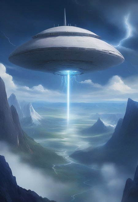 alien mothership, flying over the surface of pluto, deep space in the background, glaciers, icy mountains in background, thunder storm, dark blue clouds, bright white lightning bolt in the sky, dutch angle, spaceship flying at high speeds through the mountains, (lightning:1.3), evangelion vfx, studio ghibli and makoto shinkai <lora:add-detail-xl:1> <lora:xl_more_art-full_v1:1>