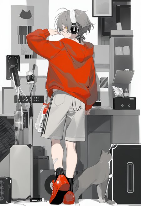 1girl,solo,masterpiece,best quality,newest,recent,
BREAK
artist:ä»æ²¢, 1girl, pointy ears, yellow eyes, hood, food, shorts, multiple views, bread, looking at viewer, red hoodie, hoodie, grocery bag, grey hair, bag, short hair, smile, white background, white shorts, long sleeves, red footwear, hairband, hood down, hair ribbon, ribbon, shopping bag, looking back, simple background, shoes, holding, full body, from behind, walking, bangs, paper bag, blush, standing, sleeves past wrists, closed mouth,instrument, monochrome, guitar, cat, pill, short hair, pants, solo, long sleeves, 1boy, shirt, headphones, bandaid, looking at viewer, barcode, jitome, male focus, socks, greyscale, 1girl, hair between eyes, cable, eraser, can, cup, closed mouth
