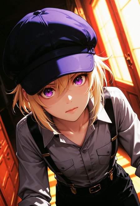 <lora:Jill Savelle:0.9>, CDE_JE,purple eyes,medium hair,blonde hair,hair between eyes, boyish, grey shirt,hat,cabbie hat,black pants,black suspenders, 
general, dutch angle, oblique view, dynamic pose, 
masterpiece, best quality, absurdres, highres, very aesthetic, high quality, detailed, insanely detailed, beautiful, high saturation, high contrast, 
(photo background:0.3), depth of field, 
<lora:noobai_vpred_1_masterpieces_v1:1>, very awa, 
<lora:noob1.1-lineart_adjust1-mki:-0.5>, 
<lora:IllustriousTweakerLora_v4-detail_1457119:0.8>, <lora:LECO_StickClotch:1.5>, <lora:LECO_Particles:1>,