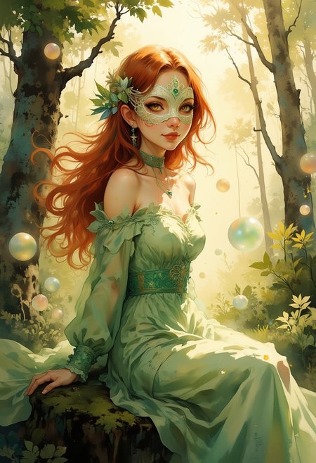 A dinkfsn style ink wash painting of a delicate, pale-skinned, smiling woman seated gracefully on a moss-covered tree stump in a tranquil forest setting. She has thick, full, very long and flowing, dark-red hair cascading over her shoulders and down her back, contrasting beautifully with her white, porcelain complexion. Her big eyes and face are partially concealed by an ornate, white lace and metallic mask with intricate filigree patterns and small shimmering details, evoking mystery and elegance. She wears a flowing, embroidered green and ivory dress adorned with subtle floral patterns and emerald appliques, its lightweight fabric softly blows in the breeze while catching the light. The dress features off-the-shoulder sleeves and a modest neckline, exuding a vintage, fairy-tale aesthetic. Around her neck, she wears a delicate choker with a dangling star-shaped charm, enhancing her refined appearance. Her arms are behind her back as she stares at you with a mix of curiosity and shyness. Floating in the air around her are glowing, pearlescent orbs and globes, their soft light reflecting on her skin and dress, adding an element of enchantment to the scene. The forest background is lush and vibrant, with strong sunlight filtering through tall trees and on her back, casting dappled light onto the scene and creating a dreamlike atmosphere. The art style is hyper-realistic with a focus on fine details, textures, and soft lighting, emphasizing the ethereal quality of the figure.
