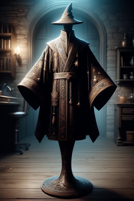 a wizard robe floating over a pedestal, masterpiece, best quality, hdr, 8k, dynamic pose, <lora:Mild detail adjusterV10:0.7>, <lora:more_details:0.3>,   <lora:wizardrope:0.6> Wizardrope <lora:typography-astrology-style-darquelilly-v1:0.7> typologyastrologystyle, prize at the end of the dungeon