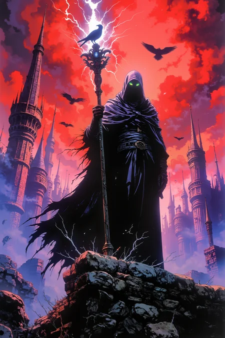 A dynamic digital painting depicts a shadowy figure with long, flowing robes standing on a crumbling bridge, overlooking a vast, mist-covered city that sprawls beneath an eerie, crimson sky. The figureâs ornate staff, adorned with ancient carvings, is held high as ethereal energy pulses through its length, crackling in shades of violet and electric blue. Below, twisted ruins and spiraling towers rise from the fog, their tops disappearing into the swirling clouds. Glowing, spectral ravens circle the figure, their haunting eyes casting an otherworldly green light onto the stones. Faint, ominous shapes move in the mist below, as the figure's glowing eyes gaze down with both wisdom and malice, overseeing the forsaken city.<lora:Vintage comic book:1.5>