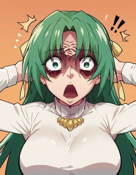 score_9, score_8_up, score_7_up, source_anime, <lora:shion-sonozaki-s4-ponyxl-lora-nochekaiser:1>, shion sonozaki, long hair, green eyes, green hair, parted bangs, hair ribbon, large breasts, <lora:shocked-black-guy-ponyxl-lora-nochekaiser:1> shocked black guy, open mouth, looking at viewer, hands behind head, shaded face,, , ,