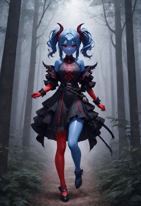 highres,best quality,ponytail, full body,short height,happy,(purple eyes),photograph,realistic lighting,cute face,1girl,red tips on hair,red skin, fantasy world,in the forest, warlock,demon horns,skull logo, DonMD3m0nXL,blue skin:1.4, yellow eyes, anime style,blue flame,flames around hands,fantasy adventure outfit,fighting stance,dragon tail:1.5,brown shorts,thick tail:1.3,snake tail:1.3