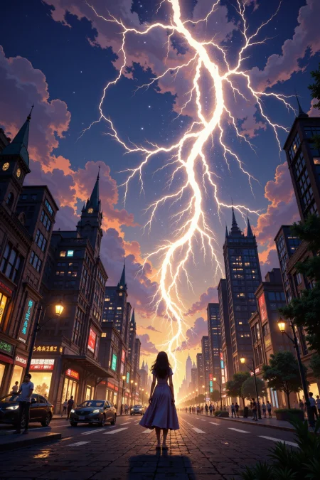 lightning bolts falling in a city beautiful anime landscape, evening, woman, very intricate, very detailed, sharp, bright, colorful, <lora:Hand v2:0.5> <lora:Anti-Blur:1><lora:Insane Detail Slider:0.25>  <lora:flux.1_lora_flyway_Epic-detail_v2:0.3> <lora:fluxenhancer:0.25> <lora:ROWER:0.6> <lora:flux-charmer-v1-1:0.4> <lora:Colorful_Fantasy_Art_for_FLUX:1> fantasy art