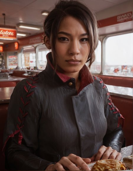 score_9, score_8_up, score_7_up,score_6_up,haymar,high resolution,3d,photo,realistic,asian,1girl,brown hair,hair bun,earrings,black jacket,long sleeves,boots, volumetric lighting,rim lighting,dramatic shadow,diner,upper body,dynamic pose,looking at viewer,pov,front view,hand on hips,sitting