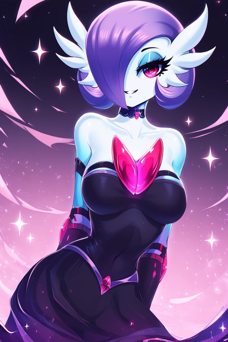 score_9, score_8_up, score_8, medium breasts,(curvy), cute, eyelashes,       BREAK, , ,,,  zzshinygardevoir, purple hair, dress, bare shoulders, medium breasts, standing, collarbone, black dress, gloves, elbow gloves, strapless dress <lora:Shiny_Mega_Gardevoir_PDXL:1.0>, ,,, <lora:Afrobull_PDXL_v5:0.8>,  ,,,, BREAK, smile, looking at viewer, side view, hip to the side, contrapposto, embedding:zPDXL, Expressiveh, <lora:SDXLFaeTastic2400:0.5>, <lora:Expressive_H-000001:0.4>,
