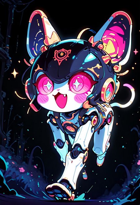 masterpiece, best quality, simple illustration, 1cat robot, no-human, superdeformer, cute,  helmet with cat ears, full body, solo, dark background, sparkles, vivid colors, vertical pupils,fang, tail , mcnm, in the style of cknc, cute_style01f1, running, chashing mouse,