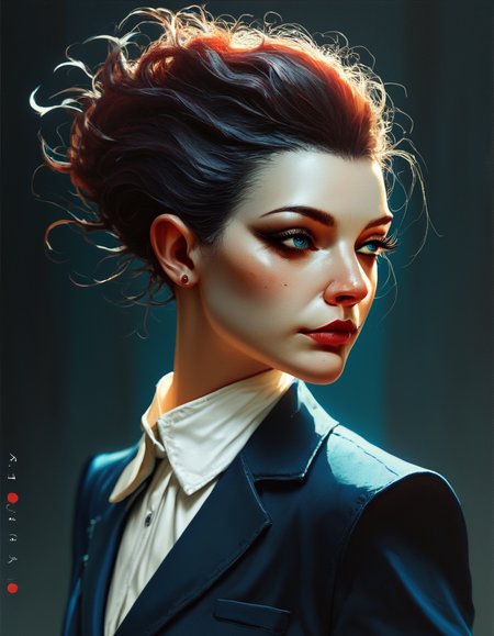 score_9, score_8_up, score_7_up, score_6_up, silhouette, A sophisticated full-body portrait of a woman in a tailored navy blue pantsuit with a fitted blazer and high-waisted trousers. The suit is paired with a silk blouse in a contrasting pale pink, her short, slicked-back hair adding to the modern, polished aesthetic., highly detailed, backlight <lora:ponys-dream:.9>