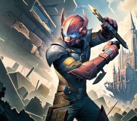 homare, incredibly absurdres, concept art, illustration,(cowboy shot, dynamic pose:1.3), mature male investigator (holding a Sword:1.0), 1boy, (serious, determined, angry), male focus, masculine, red hair, heart ahoge, wearing (science fiction style helm and faceplate:1.3), perfect face, beautfiul face, high quality eyes, light red eyes | (in a destroyed floating castle:1.3), rubble and debris, destruction, broken objects, scattered objects, billowing smoke and dust, finely detailed background, amazing background