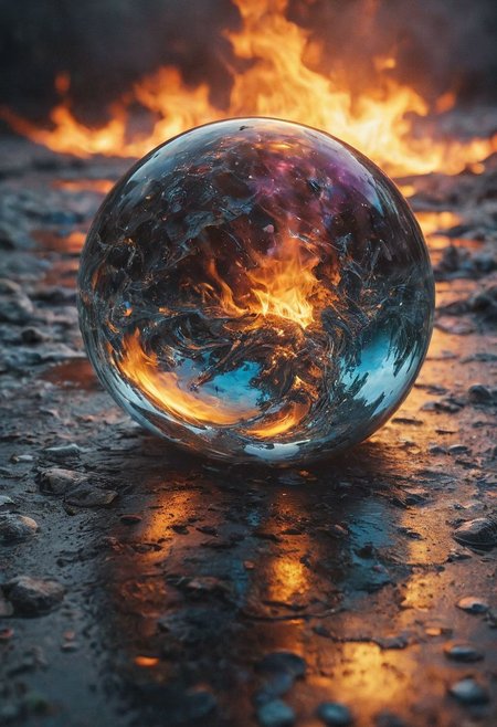 Sphere made with crystalline carapace, iridescence color, fine reflection, water on the floor, reflections, intricate complexity details, 
Wide range of colors., fire and ice, Dramatic,Dynamic,Cinematic,Sharp details
Insane quality. Insane resolution. Insane details. Masterpiece. 32k resolution.